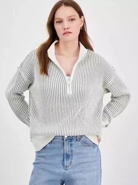 ULTRA FLIRT White and Gray Striped Ribbed Pullover Half Zip Sweater Size L